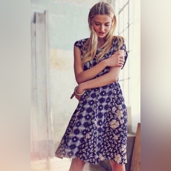 ANTHROPOLOGIE Maeve Indiga Swing Floral Dress Tasseled Back Lace Up Navy Size S - Picture 2 of 15